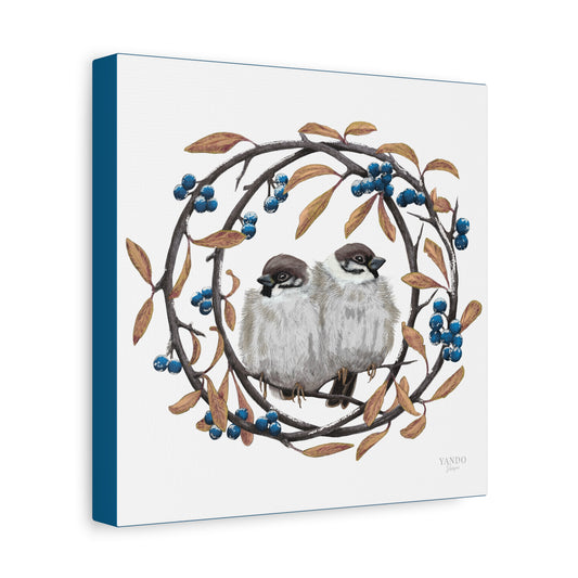 Leinwanddruck – Feldsperlinge und Schlehdorn