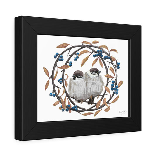 Fine Art Druck gerahmt – Feldsperlinge und Schlehdorn