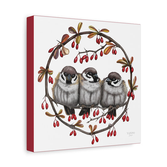 Leinwanddruck – Feldsperlinge und Berberitze