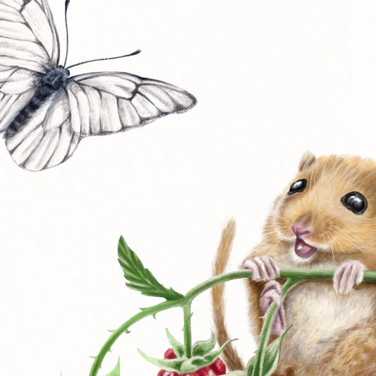 Detail von Haselmäuse und Himbeere im Holzrahmen — feine Strichführung auf Fine-Art-Papier