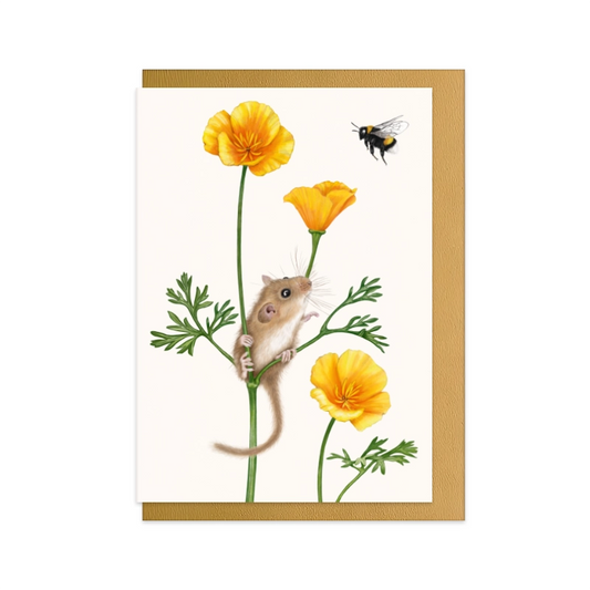 Handgemalte Grußkarte Haselmaus und Goldmohn mit goldenem Umschlag
