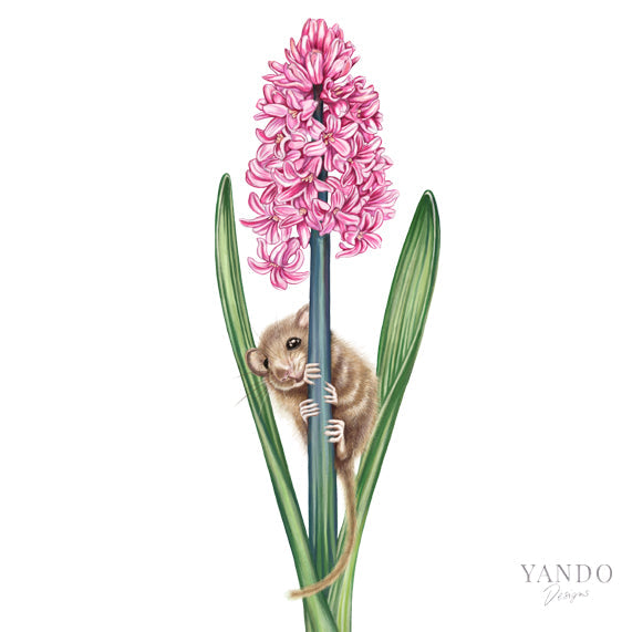 Haselmaus und Hyazinthe — handgemaltes Naturmotiv