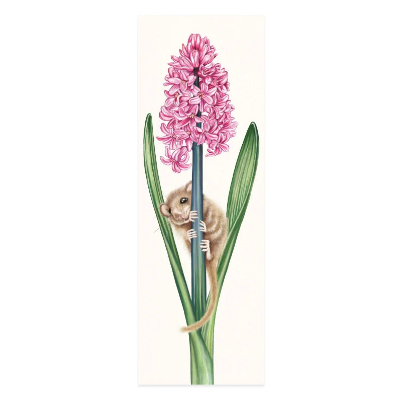 Lesezeichen Haselmaus und Hyazinthe — handgemalte Naturmotiv-Illustration