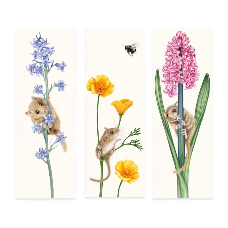 Lesezeichen Haselmaus und Hyazinthe — handgemalte Naturmotiv-Illustration