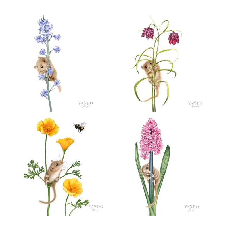 Haselmäuse mit Himbeeren und Schmetterling — handgemalte Naturillustrationen