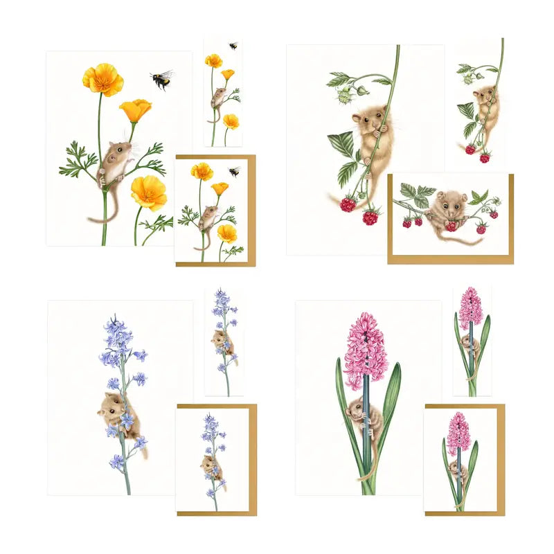 Haselmaus und Himbeere Geschenk-Sammlung – Kunstdruck, Grußkarte und Lesezeichen als Geschenk für Naturliebhaber