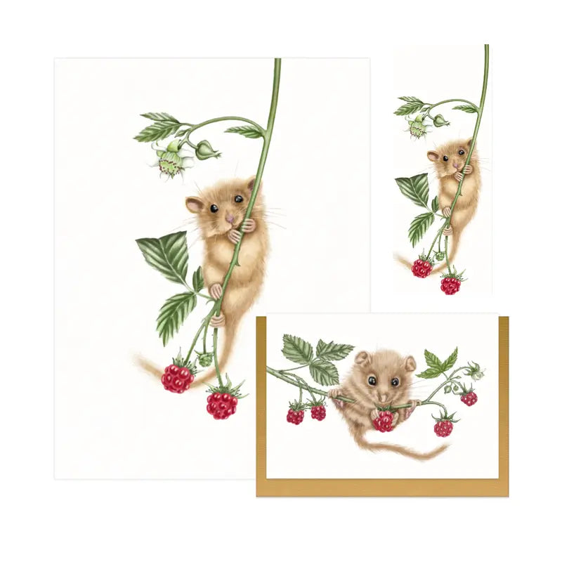 Haselmaus und Himbeere — handgemaltes Naturmotiv