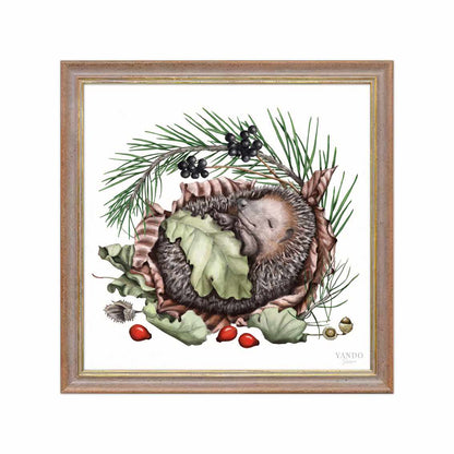 Schlafender Igel im nussbraunen Holzrahmen — gerahmt und aufhängbereit