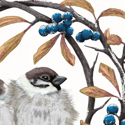 Detail von Feldsperlinge und Schlehdorn im Holzrahmen — feine Strichführung auf Fine-Art-Papier