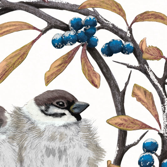 Detail von Feldsperlinge und Schlehdorn im Holzrahmen — feine Strichführung auf Fine-Art-Papier