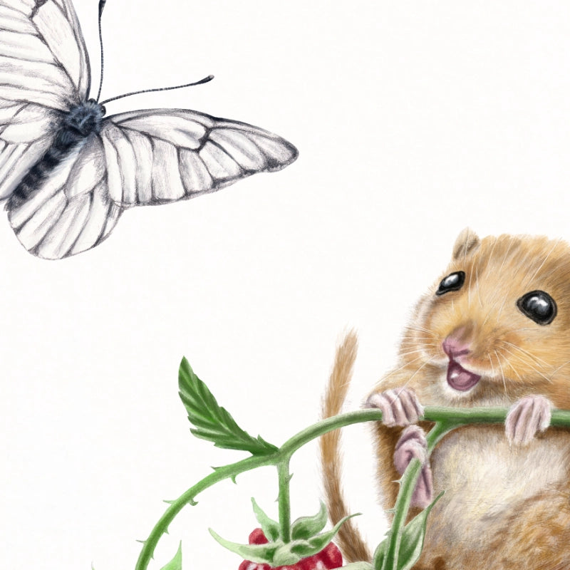 Detail von Haselmäuse und Himbeere im Holzrahmen — feine Strichführung auf Fine-Art-Papier