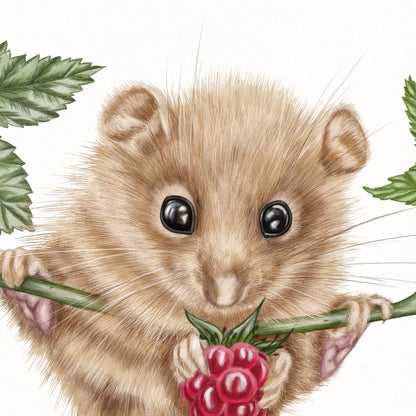 Detail von Haselmaus und Himbeere II im Holzrahmen — feine Strichführung auf Fine-Art-Papier