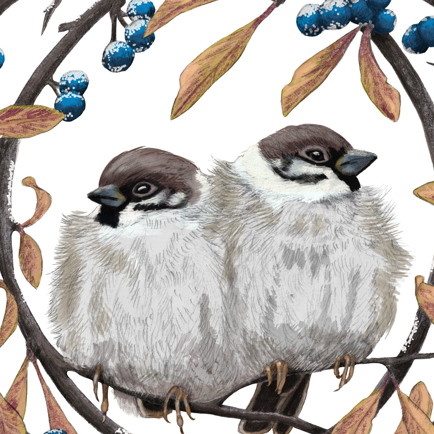 Detail-Aufnahme: Feldsperlinge und Schlehdorn, handgemalt