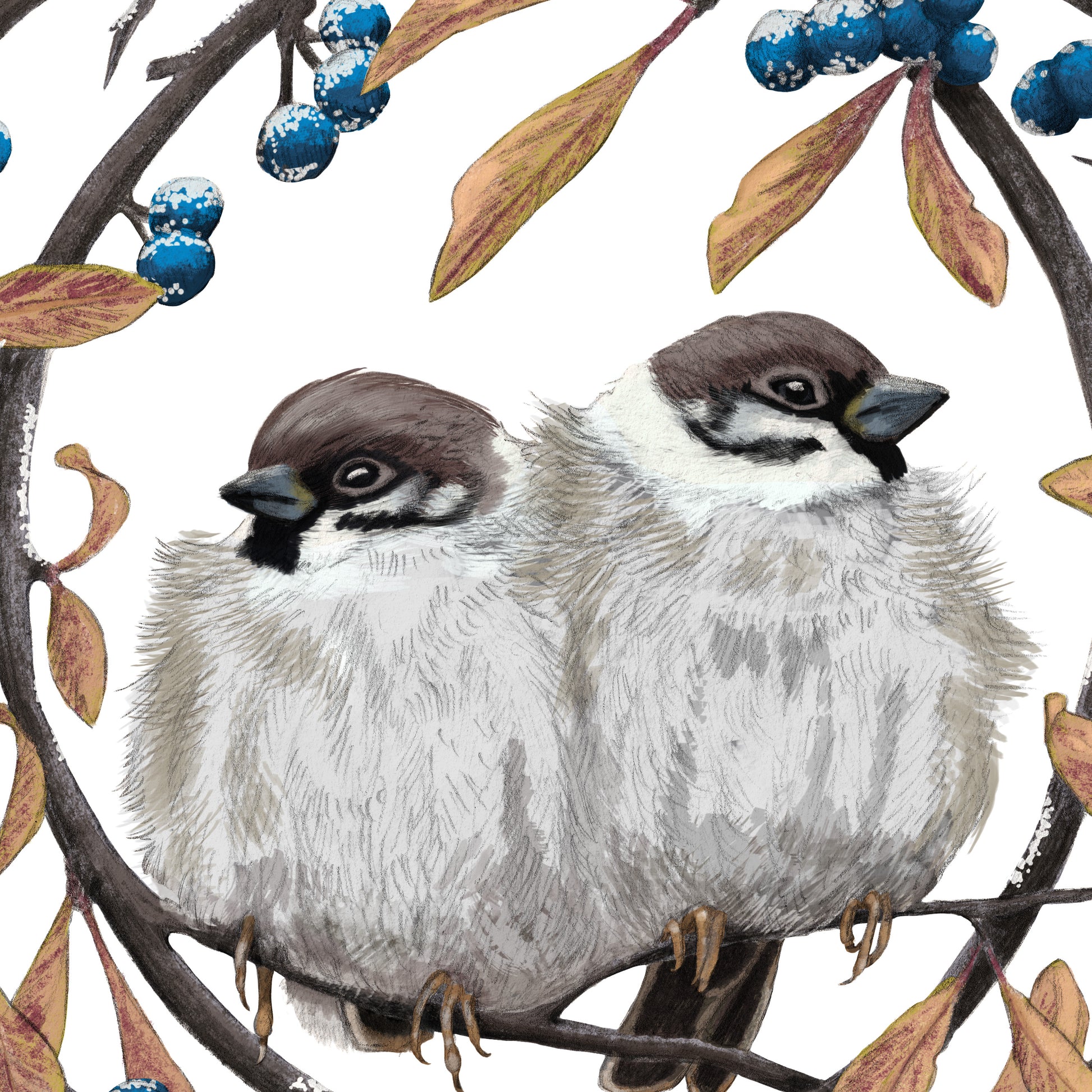 Detail-Aufnahme: Feldsperlinge und Schlehdorn, handgemalt