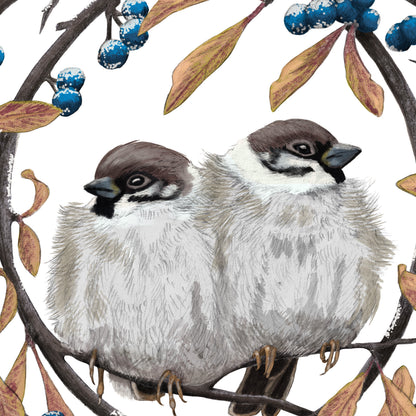 Detail-Aufnahme: Feldsperlinge und Schlehdorn, handgemalt