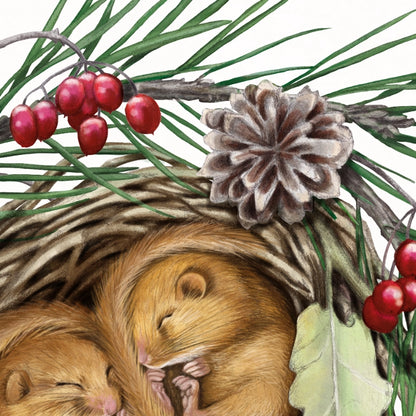 Detail von Schlafende Haselmäuse im Holzrahmen — feine Strichführung auf Fine-Art-Papier