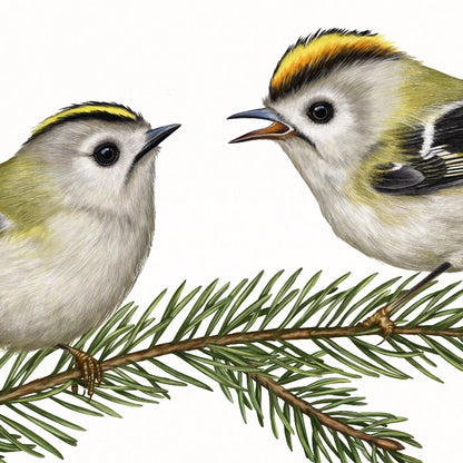 Detail-Aufnahme: Zwei Wintergoldhähnchen auf einem Fichtenzweig, handgezeichnet