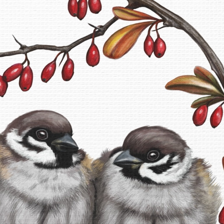 Detail-Aufnahme: Feldsperlinge und Berberitze, Leinwanddruck