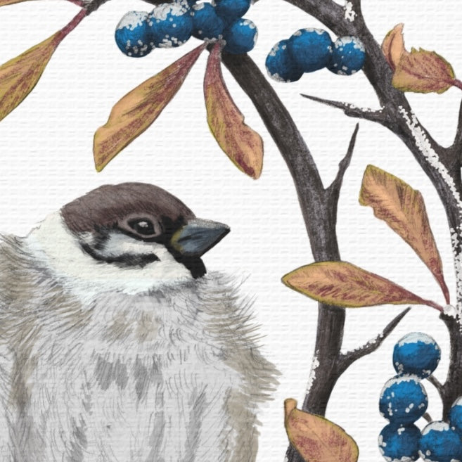 Leinwand mit detailliertem Naturmotiv eines Feldsperlings neben Schlehdornblättern und blauen Beeren. - Leinwanddruck - Feldsperlinge und Schlehdorn - YANDO Designs