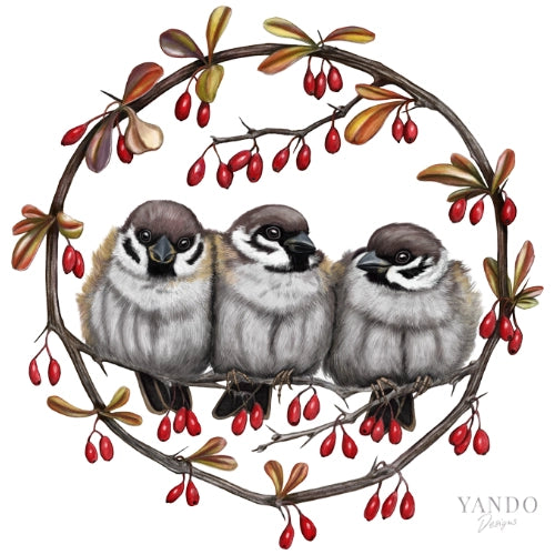 Galerie-Illustration Feldsperlinge und Berberitze – handgemaltes Naturmotiv von YANDO Designs
