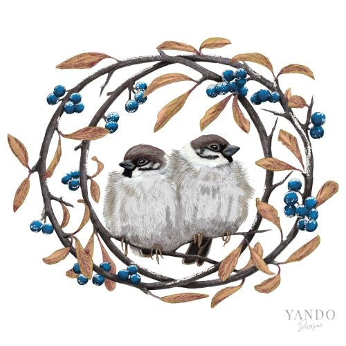 Galerie-Illustration Feldsperlinge und Schlehdorn – handgemaltes Naturmotiv von YANDO Designs