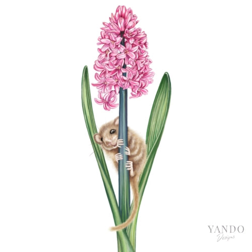 Galerie-Illustration Haselmaus und Hyazinthe – handgemaltes Naturmotiv von YANDO Designs