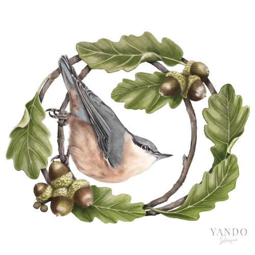 Galerie-Illustration Kleiber und Traubeneiche – handgemaltes Naturmotiv von YANDO Designs