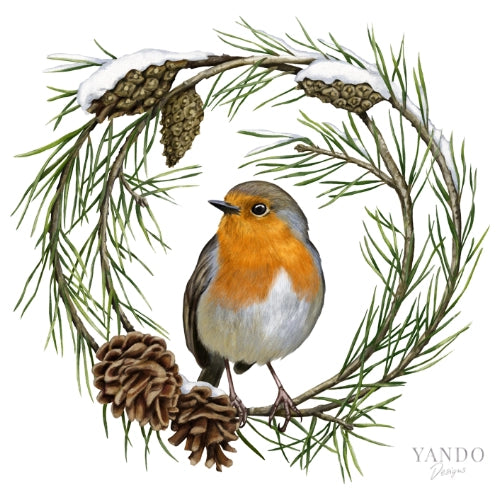 Galerie-Illustration Rotkehlchen und Kiefer – handgemaltes Naturmotiv von YANDO Designs