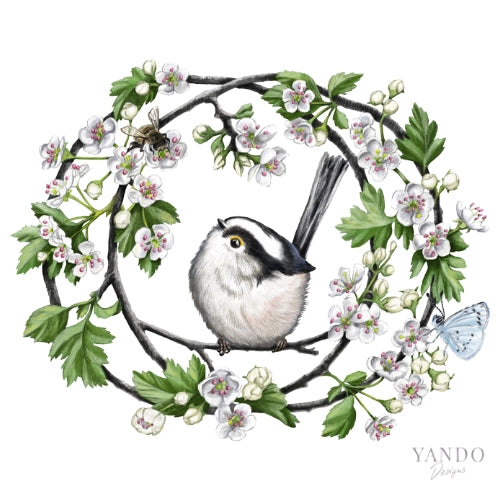 Galerie-Illustration Schwanzmeise und Weißdorn – handgemaltes Naturmotiv von YANDO Designs