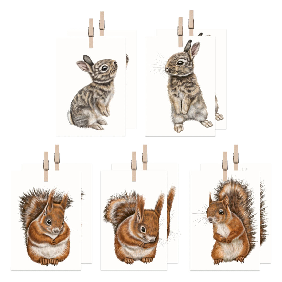 Eichhörnchen und Kaninchen Geschenkanhänger-Sammlung – zehn Mini-Kärtchen mit Holzklammer