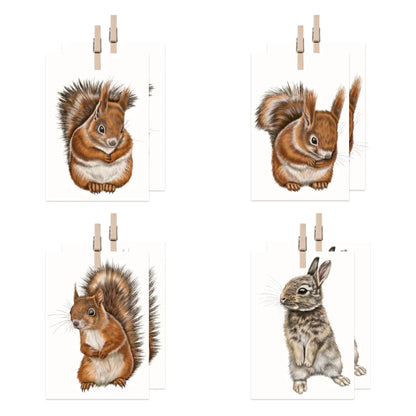 Eichhörnchen und Kaninchen Geschenkanhänger-Sammlung – acht Mini-Kärtchen mit Holzklammer
