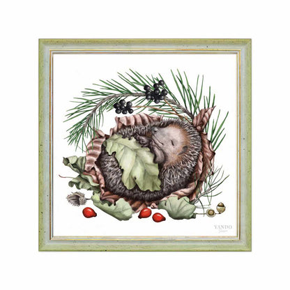 Gerahmter Kunstdruck – Schlafender Igel, Naturmotiv im Holzrahmen