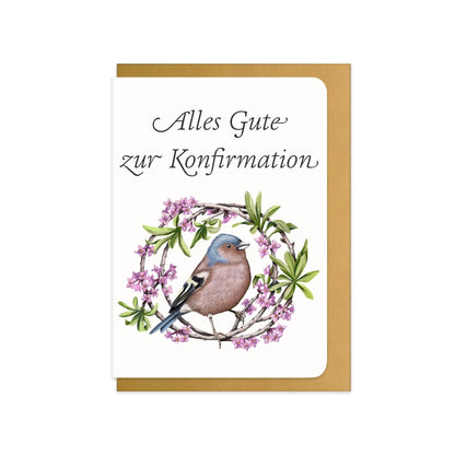 Konfirmationskarte Buchfink und Seidelbast mit Schriftzug Alles Gute zur Konfirmation