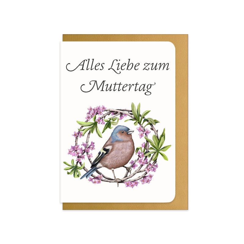 Muttertagskarte Buchfink und Seidelbast mit Schriftzug Alles Liebe zum Muttertag
