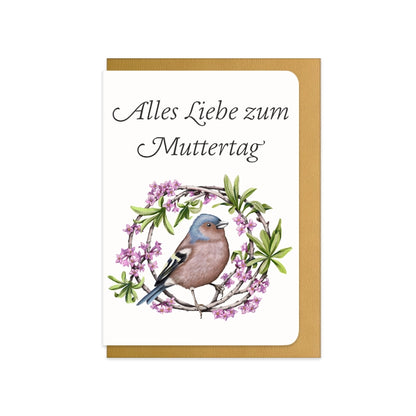 Muttertagskarte Buchfink und Seidelbast mit Schriftzug Alles Liebe zum Muttertag