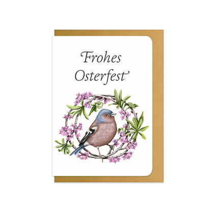 Osterkarte Buchfink und Seidelbast mit Schriftzug Frohes Osterfest