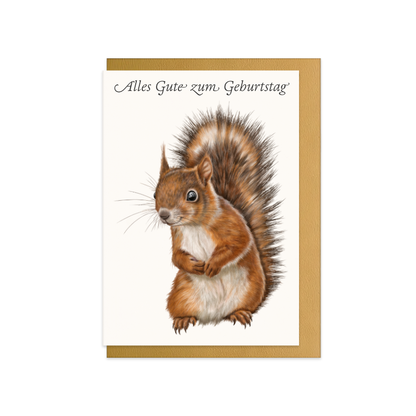 Eichhörnchen Geburtstagskarte – Alles Gute zum Geburtstag, handgemaltes Naturmotiv