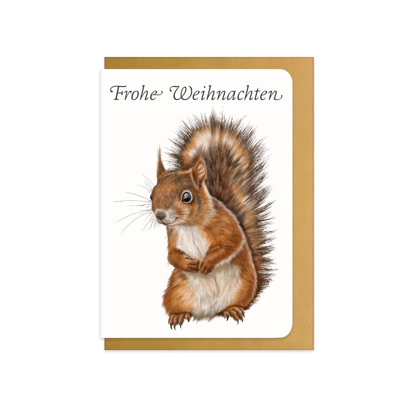 Weihnachtskarte Eichhörnchen mit Schriftzug Frohe Weihnachten