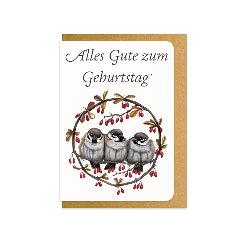 Geburtstagskarte Feldsperlinge und Berberitze mit Schriftzug Alles Gute zum Geburtstag
