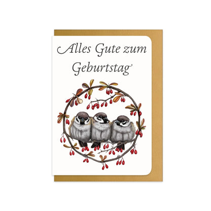 Geburtstagskarte Feldsperlinge und Berberitze mit Schriftzug Alles Gute zum Geburtstag