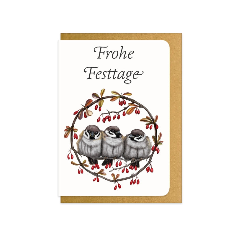 Weihnachtskarte Feldsperlinge und Berberitze mit Schriftzug Frohe Festtage
