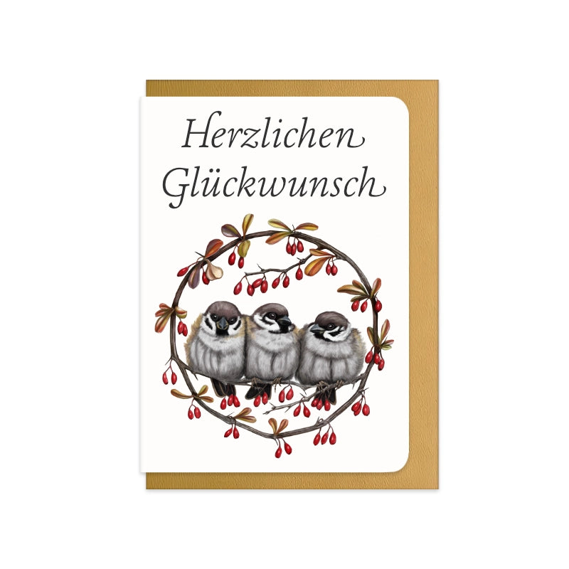 Glückwunschkarte Feldsperlinge und Berberitze mit Schriftzug Herzlichen Glückwunsch