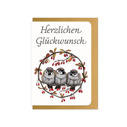 Glückwunschkarte Feldsperlinge und Berberitze mit Schriftzug Herzlichen Glückwunsch