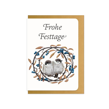 Weihnachtskarte Feldsperlinge und Schlehdorn mit Schriftzug Frohe Festtage