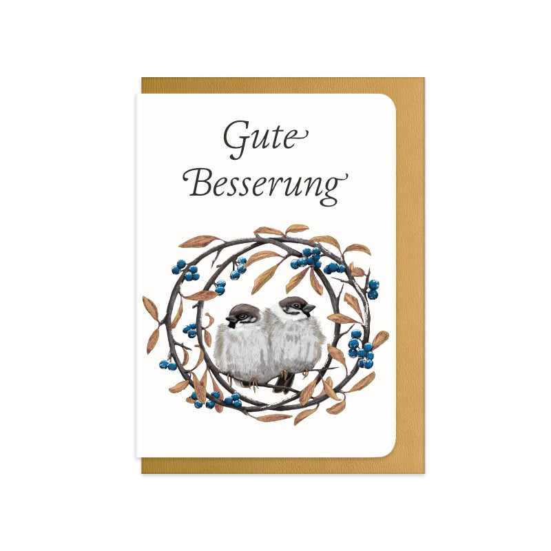 Genesungskarte Feldsperlinge und Schlehdorn mit Schriftzug Gute Besserung