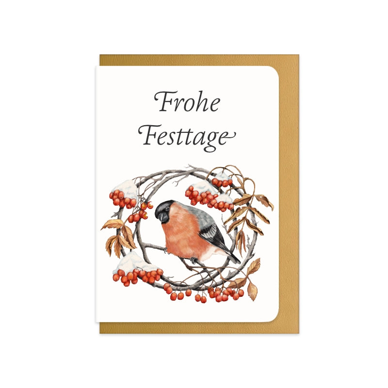 Weihnachtskarte Gimpel und Eberesche mit Schriftzug Frohe Festtage