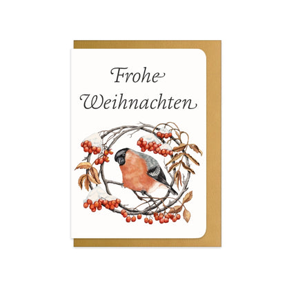 Weihnachtskarte Gimpel und Eberesche mit Schriftzug Frohe Weihnachten