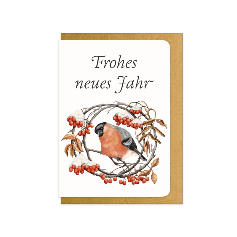Neujahrskarte Gimpel und Eberesche mit Schriftzug Frohes neues Jahr