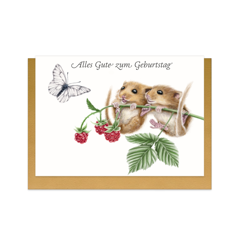 Geburtstagskarte Haselmäuse und Himbeere – Alles Gute zum Geburtstag, handgemaltes Naturmotiv