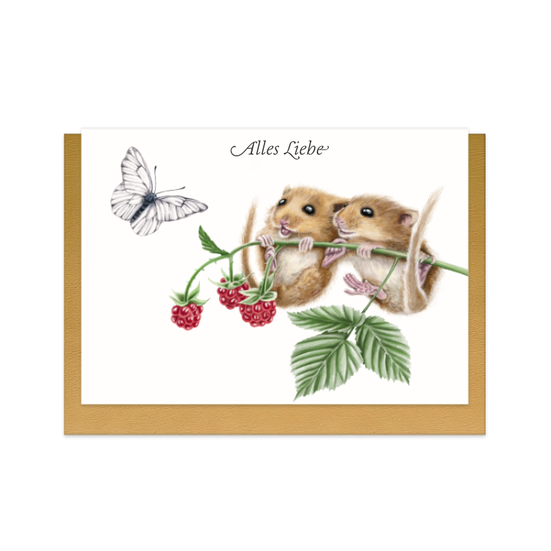 Grußkarte Haselmäuse und Himbeere – Alles Liebe, handgemaltes Naturmotiv